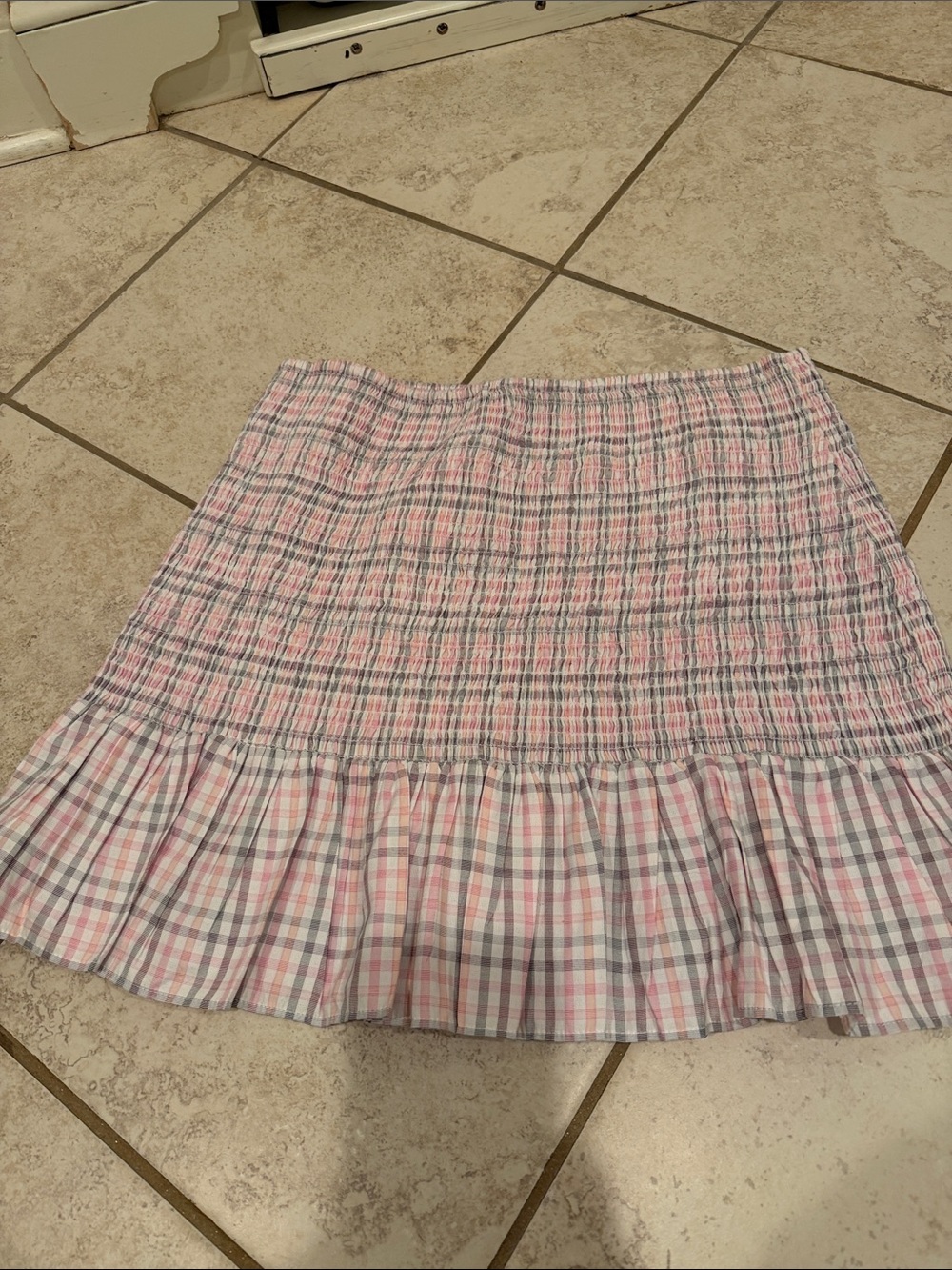 French Connection Pink and Gray Plaid Smocked Mini Skirt